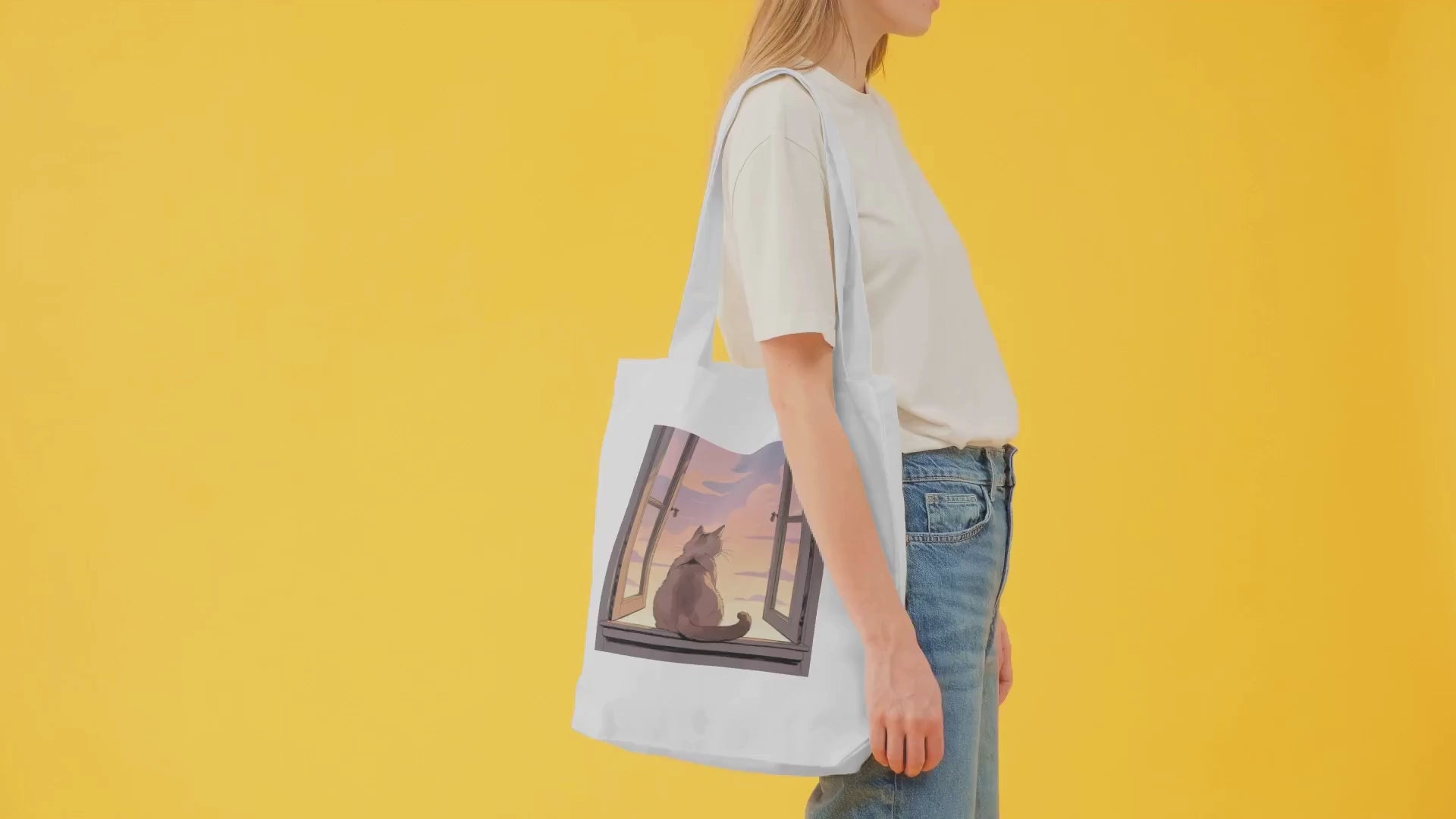 “Window Watcher” Cat Canvas Tote Bag – Eco-Friendly, No Zipper